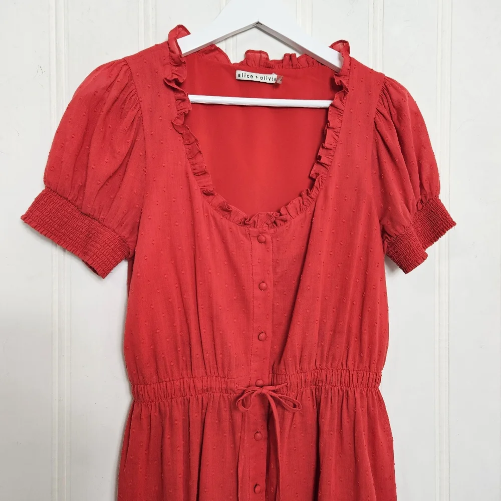 Alice + Olivia Red Swiss Dot Tie Waist Button Dress Sz 6 Ruffle Feminine Chic